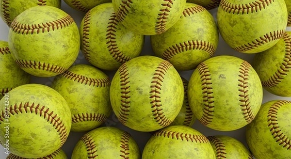 Obraz Pile of Worn Softball Balls Ready for a Game Action Shot