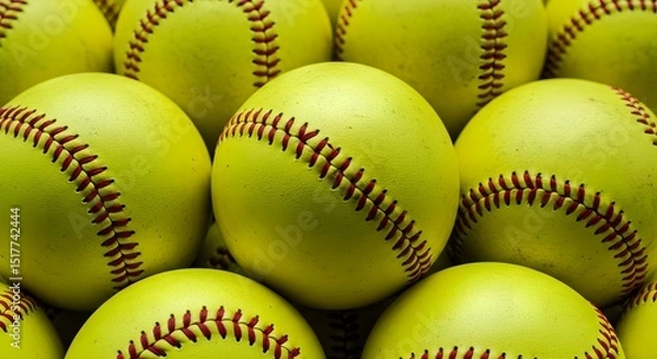 Obraz Close-up view of vibrant yellow softballs arranged together showcasing their texture and stitching detail for sports background