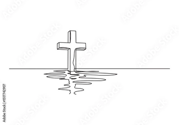 Fototapeta Elegant line art illustration of a cross with reflection on wate