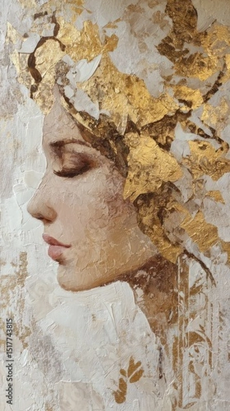 Fototapeta Abstract portrait profile with floral golden accents representing beauty in a serene space setting