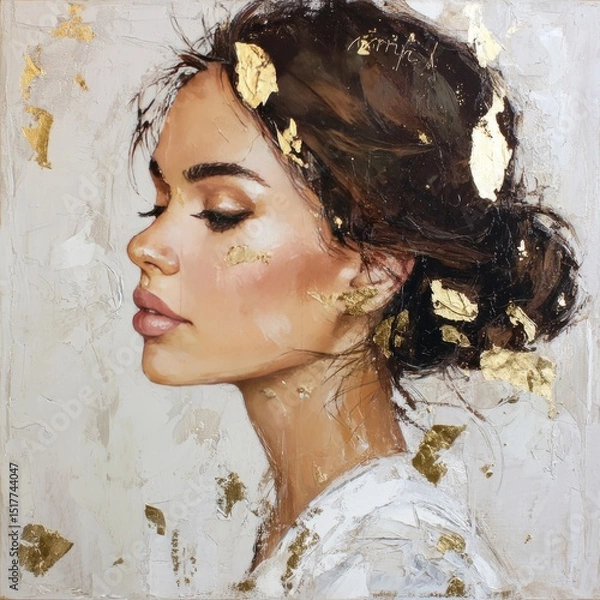 Fototapeta Elegant portrait of a woman with golden accents in an artistic space backdrop