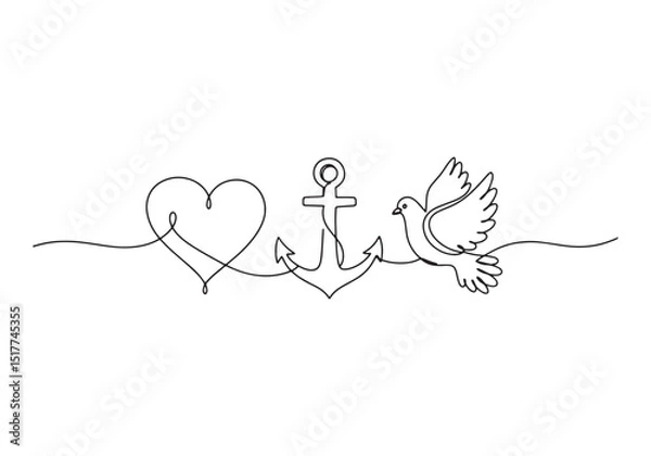 Fototapeta Continuous line drawing of heart anchor and bird symbolizing lov