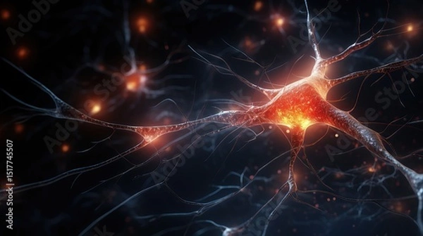 Fototapeta Closeup of a glowing neuron network highlighting electric impulses and connectivity