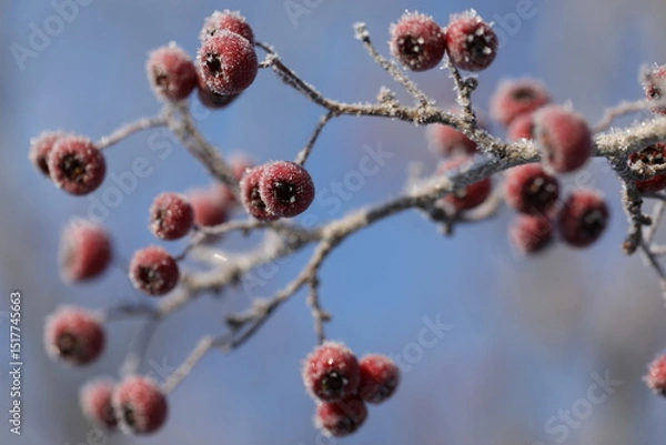 Obraz Frosted berries on the branch in winter garden