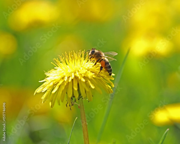 Obraz Small bee on the bright yellow dandelion in the garden