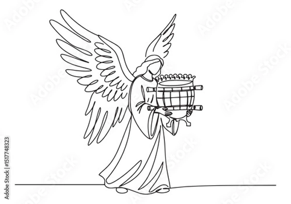 Fototapeta Elegant continuous line drawing of an angel holding a sacred obj