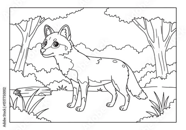 Fototapeta Adorable dhole in a forest glade, outlined for coloring book fun