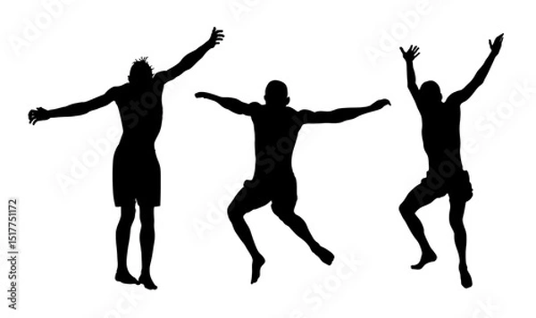 Obraz Young boys jumping in water vector silhouette illustration isolated. Man having fun in swimming pool. Cliff jump friends attractive water game on beach. Summer time children activity. Enjoying moment.