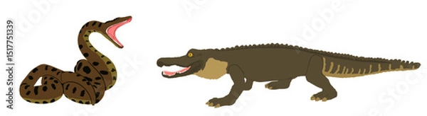 Obraz Ambush anaconda snake attack crocodile vector illustration isolated. Survivor battle powerful reptile boa against caiman animal on watering place. Predator carnivore serpent lurking prey alligator.