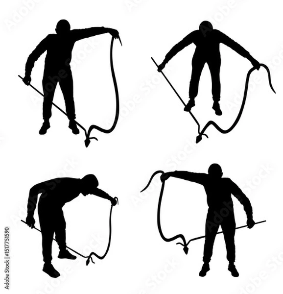 Obraz Brave man catching snake with stick vector silhouette illustration isolated. Poison snake catcher control. Deadly venom snake shape serpent for medicine pharmacy. Removal danger intruder animal.