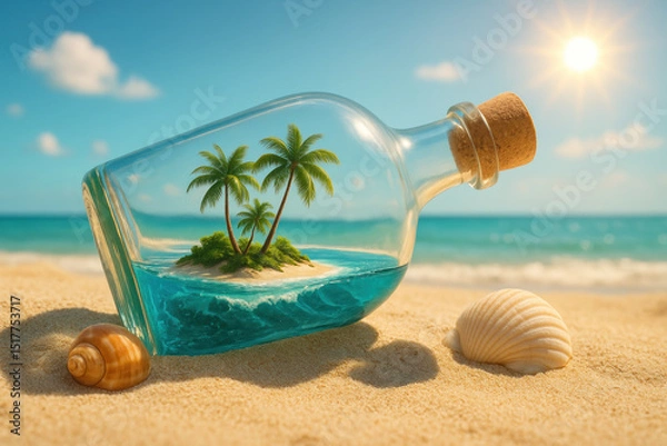 Fototapeta Palm tree in a bottle on sandy beach.