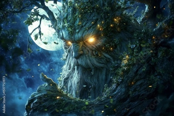 Fototapeta Mysterious ancient tree spirit watches over a moonlit forest landscape at night