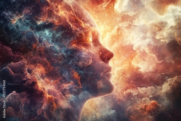 Fototapeta Cosmic visage embodies the universe within at twilight in a surreal cosmic landscape