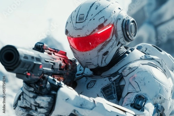 Fototapeta Futuristic soldier in white armor aiming a weapon in a desolate landscape at dusk with red visor lights glowing