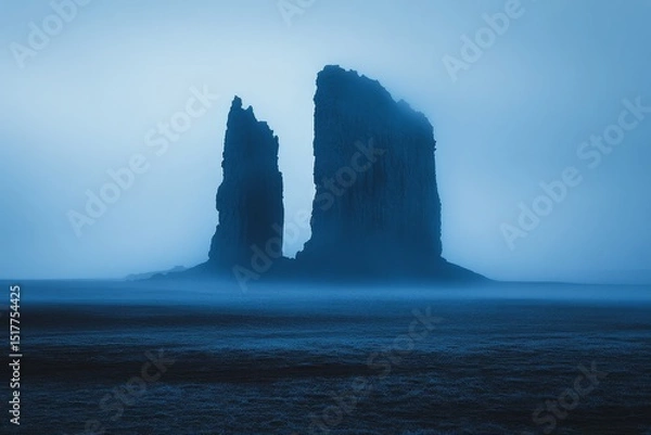 Fototapeta Towering rock formations rise through dense fog in a mysterious landscape during twilight hours