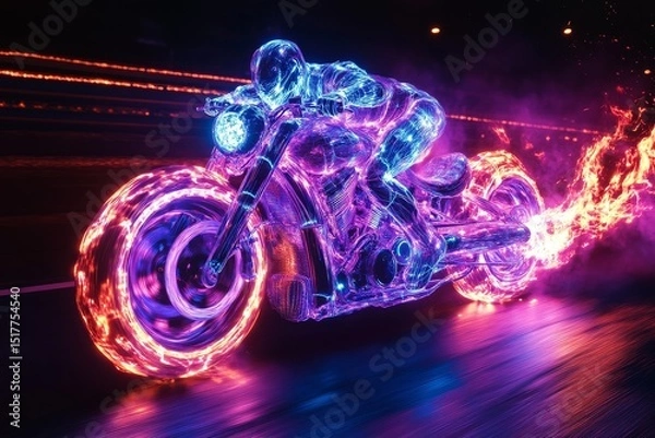 Fototapeta Motorcycle speeding through glowing streets at night with vibrant light trails