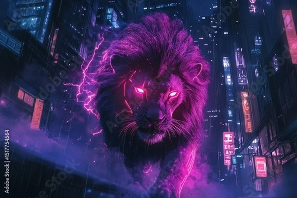 Fototapeta Majestic lion with glowing eyes walks through a futuristic neon city at night