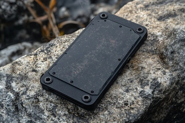 Fototapeta Durable black wallet resting on rugged stone by a riverbank during overcast weather