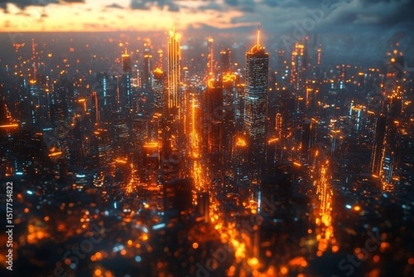 Fototapeta City skyline illuminated by neon lights at dusk with vibrant colors creating a dynamic urban landscape