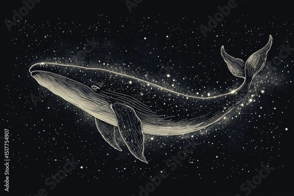 Fototapeta Whale swimming through a starry galaxy with glowing lines and a cosmic background