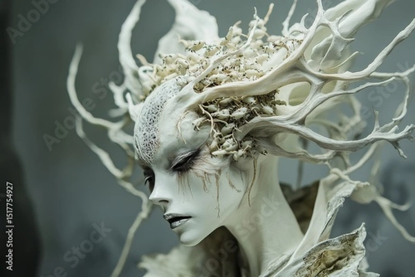 Fototapeta Intricate white sculpture of a mystical figure blending nature and human features in an artistic creation
