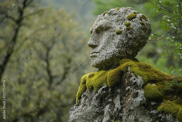 Fototapeta Unique stone sculpture resembling a face adorned with moss in a forested area on a cloudy day