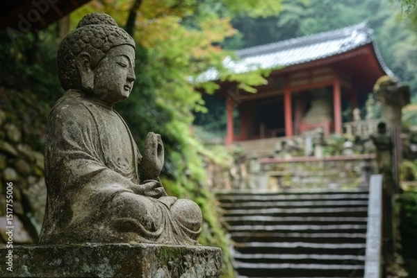 Fototapeta Serene Buddha statue overlooks ancient temple steps in tranquil forest setting during early morning light