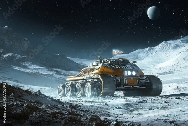 Fototapeta Exploration rover on a lunar surface under a starry sky with a distant planet in view