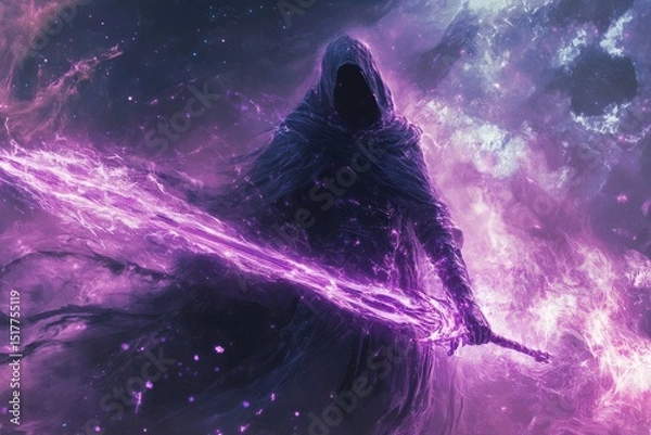 Fototapeta Mysterious figure wielding a glowing purple sword amidst a cosmic backdrop of swirling colors and lights