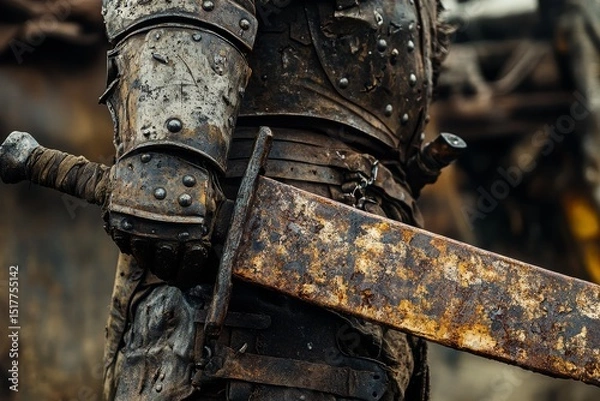 Fototapeta Rusty sword in hand of armored knight at historic battle site during overcast day