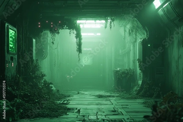 Fototapeta Mysterious green-lit corridor overgrown with plants in an abandoned facility at night