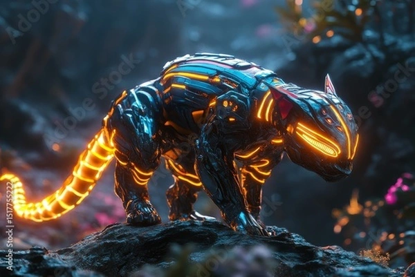 Fototapeta Futuristic robotic feline exploring a neon-lit alien landscape at dusk