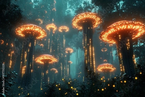 Fototapeta Mysterious glowing fungi illuminate a dense forest at twilight creating an enchanting atmosphere