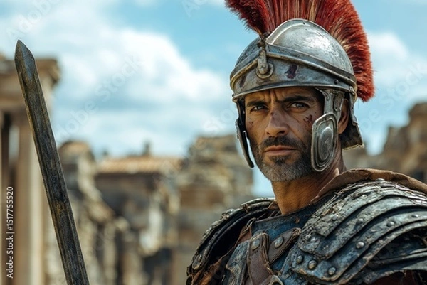 Fototapeta Roman soldier poses dramatically with armor and sword in historical ruins under a bright sky