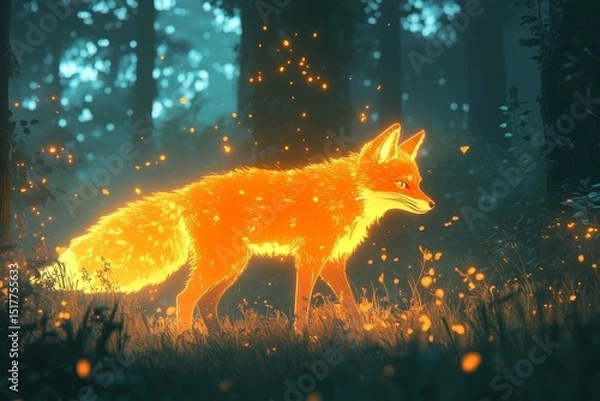 Fototapeta Vibrant fox walks through an enchanted forest illuminated by glowing fireflies at twilight