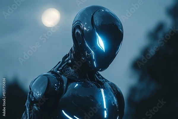 Fototapeta Futuristic robot stands under a bright moon in an urban landscape at dusk showcasing advanced technology and design