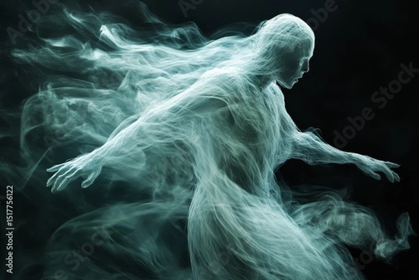 Fototapeta Ethereal figure moving gracefully through mist in a dark, mystical atmosphere