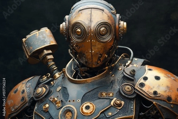 Fototapeta Rusty robot with intricate detailing showcases steampunk design in a mysterious environment