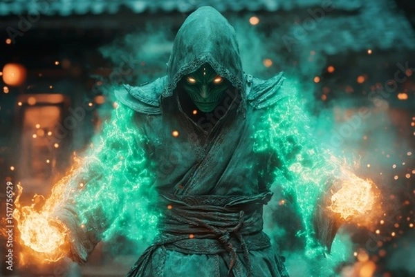 Fototapeta Mysterious hooded figure conjures fire and energy in a mystical atmosphere