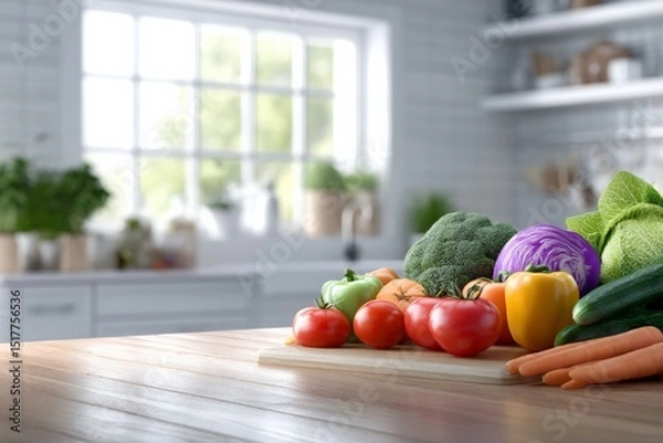 Obraz Fresh vegetables on kitchen counter with sunlit windows in bright modern kitchen
