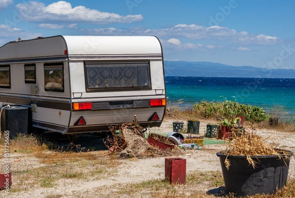 Obraz caravan camping on the beach Afytos On the island of Chalkidiki in Greece on the Mediterranean 