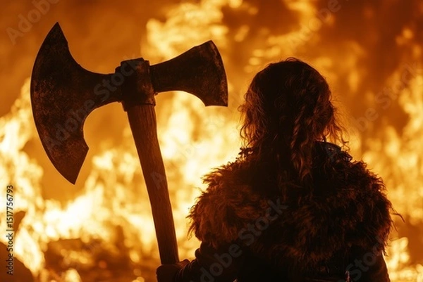 Fototapeta Warrior stands ready with a massive axe in front of a roaring fire during a fierce battle at twilight