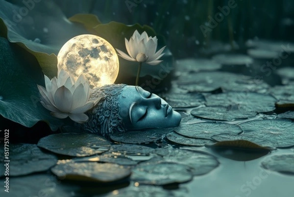 Fototapeta Serene moonlit lotus pond with a tranquil sculpture and blooming flowers at night