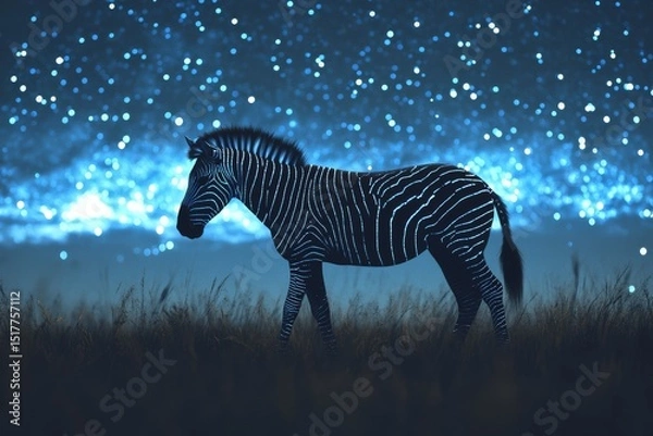 Fototapeta Zebra illuminated by bright starlit sky in a serene nocturnal landscape