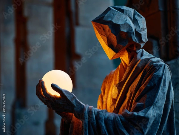 Fototapeta Faceless hooded figure holding luminous orb in dramatic ancient architecture setting