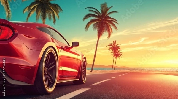 Fototapeta Car on summer road with palm trees and open sky. Background has free space for custom decoration or text. 