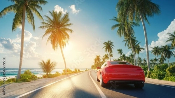 Fototapeta Car on summer road with palm trees and open sky. Background has free space for custom decoration or text. 