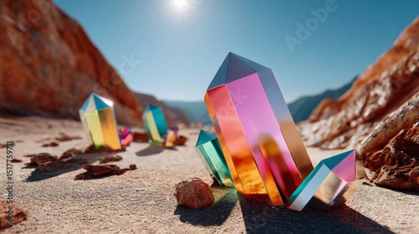 Fototapeta Vibrant rainbow crystals emerging from desert terrain in direct sunlight