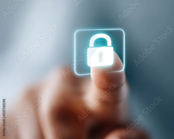 Fototapeta Client touches padlock icon on security system protecting personal datum and information in cyberspace for business and consumer safety