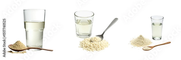 Obraz Hydrolyzed collagen protein powder in various stages with glass of water and spoon on transparent background showcasing multiple textures and forms of powder in separate compositions.